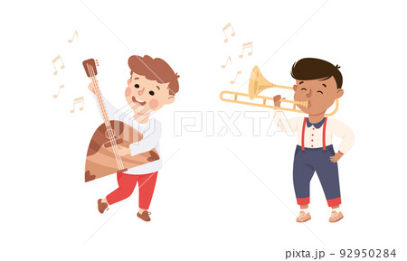 Set of adorable kids playing musical instruments. Cute boys playing balalaika and trombone instruments cartoon vector illustratio 92950284