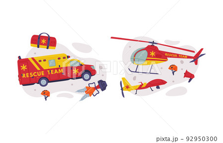 Rescue Team Equipment with Specialized Machine and Emergency Vehicle for Urgent Saving of Life Vector Set 92950300