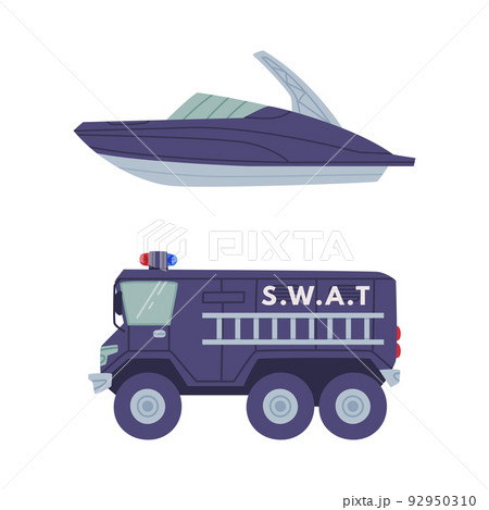 Heavy Truck with Siren and Motor Boat as SWAT Vehicle or Rescue Vehicle and Police Tactical Unit Vector Set 92950310