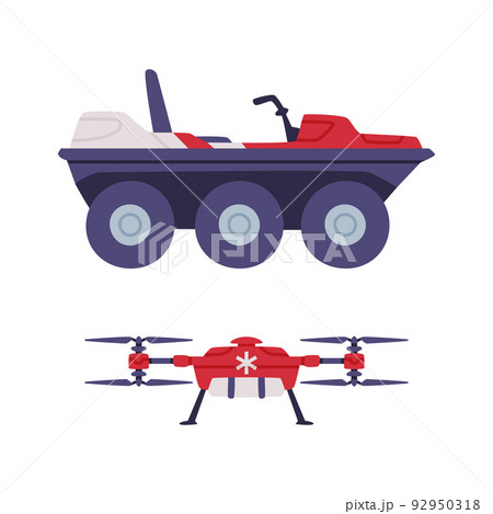 Heavy Truck and Quadcopter as Ambulance Emergency Rescue Service Vehicle and Medical Care Transport Vector Set 92950318