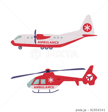 Aircraft as Ambulance Emergency Rescue Service Vehicle and Medical Care Transport Vector Set 92950341