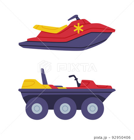 Red and Yellow Heavy Machinery and Motor Boat as Rescue Equipment and Emergency Vehicle for Urgent Saving of Life Vector Set 92950406