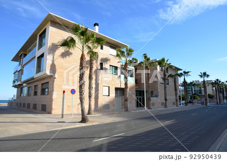Street with tropical Palm trees and houses at beach. Touristic location with apartments.  92950439