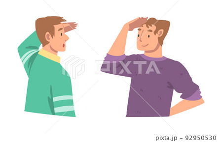 Looking Into Future Man Character with Hand on Forehead Vector Set Looking Into Future Man Character with Hand on Forehead Vector Set 92950530