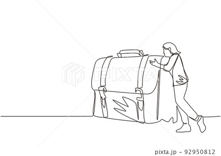 Single continuous line drawing joyful businesswoman hugs suitcase with money. Happy boss and case with cash. Successful business pleasure goal. Dynamic one line draw graphic design vector illustration Single continuous line drawing joyful businesswoman hugs suitcase with money. Happy boss and case with cash. Successful business pleasure goal. Dynamic one line draw graphic design vector illustration 92950812