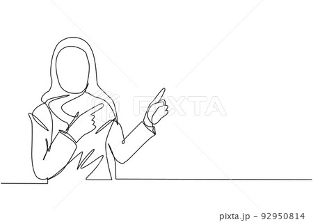 Single one line drawing Arabian woman pointing away hands together and showing or presenting something while standing and smiling. Emotion and body language. Continuous line draw design graphic vector 92950814