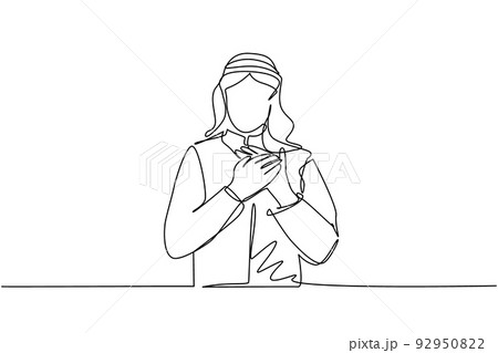 Continuous one line drawing young Arab man keeping hands on chest. Male suffering from chest pain or heart attack. Health care concept. Emotion, body language. Single line draw design vector graphic 92950822