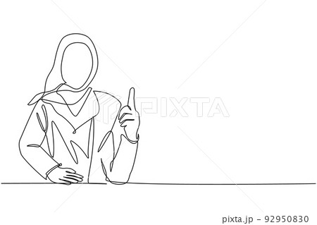 Single continuous line drawing young Arab female pointing up finger while standing and smiling. Happy woman pointing copy space. Emotion and body language concept. One line draw graphic design vector 92950830