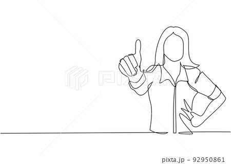 Single continuous line drawing confident businesswoman thumbs up. Excited female dressed in casual wear showing thumbs up sign. Deal, like, agree, approve, accept. One line draw graphic design vector Single continuous line drawing confident businesswoman thumbs up. Excited female dressed in casual wear showing thumbs up sign. Deal, like, agree, approve, accept. One line draw graphic design vector 92950861
