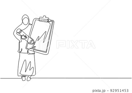 Single one line drawing Arabian businesswoman holding clipboard with checklist. Business success completed plan. Goal achievements planning schedule. Continuous line draw design vector illustration 92951453
