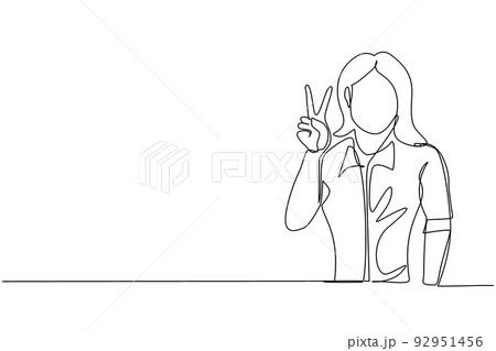 Single continuous line drawing smiling woman is showing victory sign. Young businesswoman gesture success. Female doing victory sign. Sign of success and peace. One line draw graphic design vector 92951456