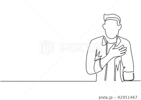 Single one line drawing young man keeping hands on chest. Smiling friendly male expressing gratitude. Emotion and body language concept. Modern continuous line draw design graphic vector illustration Single one line drawing young man keeping hands on chest. Smiling friendly male expressing gratitude. Emotion and body language concept. Modern continuous line draw design graphic vector illustration 92951467