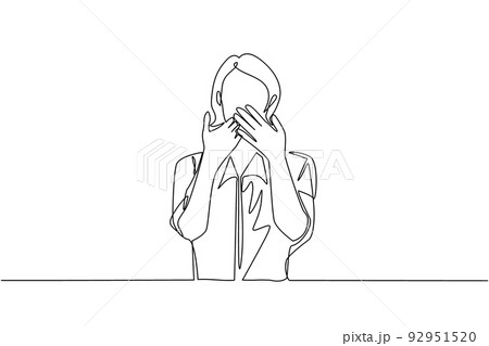 Single one line drawing young woman covering mouth with hands. Female mouth with hand shocked with shame for mistake, expression of fear, scared in silence, secret. Continuous line draw design vector Single one line drawing young woman covering mouth with hands. Female mouth with hand shocked with shame for mistake, expression of fear, scared in silence, secret. Continuous line draw design vector 92951520