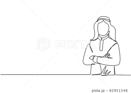 Single continuous line drawing smiling confident Arabian man in traditional clothes, keeping arms crossed. Active businessman standing with folded arms pose. One line draw design vector illustration Single continuous line drawing smiling confident Arabian man in traditional clothes, keeping arms crossed. Active businessman standing with folded arms pose. One line draw design vector illustration 92951546