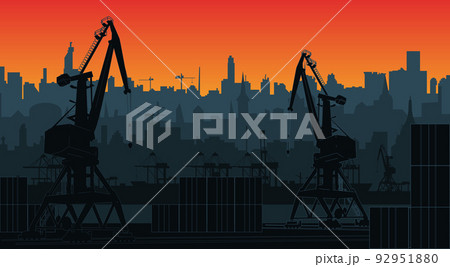 Silhouette commercial port with containers and cargo cranes, city skyline on background with sunset sky. Cityscape and cargo port with cranes. Layers for parallax. 92951880