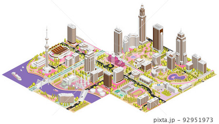 ブロックのように組み合わせれば大きな都市になる街並みイラスト　バリエーションあり 92951973
