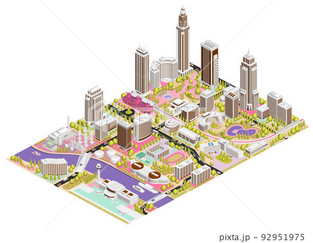 ブロックのように組み合わせれば大きな都市になる街並みイラスト　バリエーションあり 92951975