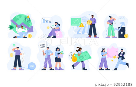 Financial trouble concepts. Modern characters with economic, and business problems. People with outstanding payments, bank problems, losing money, and jobs. Set of vector illustrations. Financial trouble concepts. Modern characters with economic, and business problems. People with outstanding payments, bank problems, losing money, and jobs. Set of vector illustrations. 92952188
