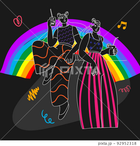 Girlfriends, a couple of girls on the background of a rainbow with drinks in their hands, a party, cartoon doodles 92952318