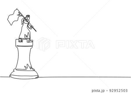 Single continuous line drawing Arabian businessman standing on top of big rook chess and waving a flag. Leader success concept. Successful business strategy. One line draw design vector illustration 92952503