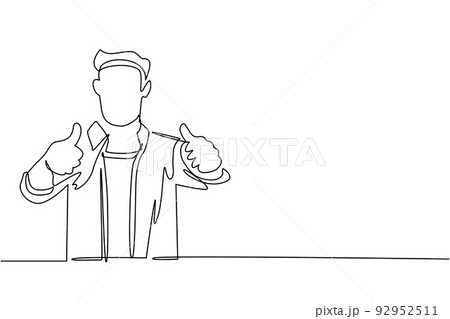 Single continuous line drawing confident businessman thumbs up. Excited business man dressed in casual wear showing thumbs up sign. Deal, like, agree, approve, accept. One line draw design vector 92952511