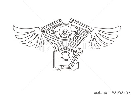 Single continuous line drawing motorcycle club logo with motor and wings, bikers club logo, custom motorcycles service icon. Motorcycle engine with wings. Dynamic one line draw graphic design vector 92952553