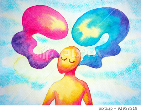 human head body mind mental health speak and listen problem, bipolar disorder, depression, different thinking psychology spiritual feeling energy emotion watercolor painting illustration art 92953519