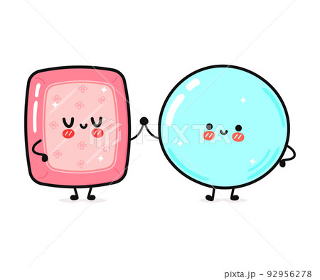 Cute, funny happy soap bubble and soap character. Vector hand drawn cartoon kawaii characters, illustration icon. Funny cartoon soap bubble and soap friends concept 92956278