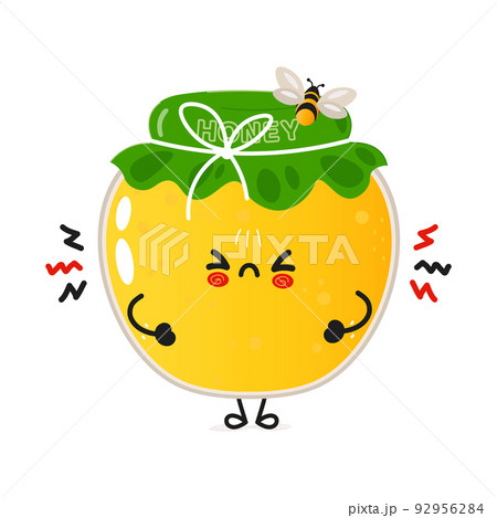 Cute angry jar of honey character. Vector hand drawn cartoon kawaii character illustration icon. Isolated on white background. Sad jar of honey character concept 92956284