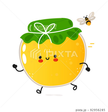 Cute funny running jar of honey. Vector hand drawn cartoon kawaii character illustration icon. Isolated on white background. Run jar of honey concept 92956285