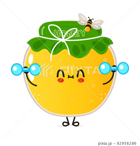 Cute funny jar of honey character with dumbbells. Vector hand drawn cartoon kawaii character illustration icon. Isolated on white background. Jar of honey character gym concept 92956286