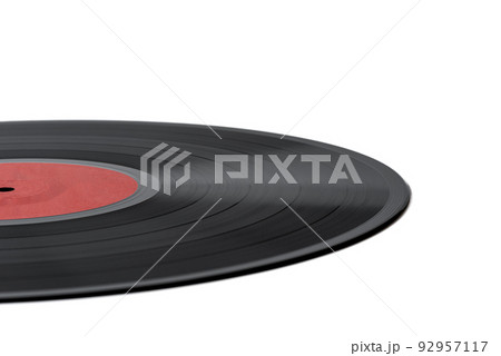 Close-up of a vinyl record with a burgundy blank label on a white background. Close-up of a vinyl record with a burgundy blank label on a white background. 92957117