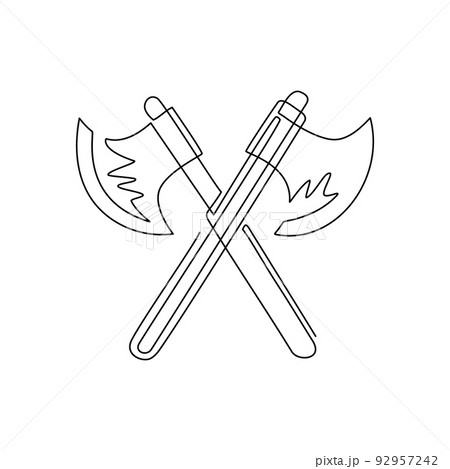 Single one line drawing lumberjack axes crossed icon. Crossed axes isolated on white background. Design element for logo, label, emblem, sign, poster. Modern continuous line draw vector illustration Single one line drawing lumberjack axes crossed icon. Crossed axes isolated on white background. Design element for logo, label, emblem, sign, poster. Modern continuous line draw vector illustration 92957242