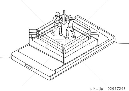Single continuous line drawing boxing ring with two boxers on smartphone screen. Professional sports competition: boxing fight duel during match, mobile app. One line draw design vector illustration 92957243