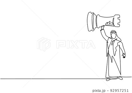 Single continuous line drawing Arab businessman holding and lifting rook chess piece. Successful entrepreneurship tactics or strategy, superiority in business. One line draw design vector illustration Single continuous line drawing Arab businessman holding and lifting rook chess piece. Successful entrepreneurship tactics or strategy, superiority in business. One line draw design vector illustration 92957251