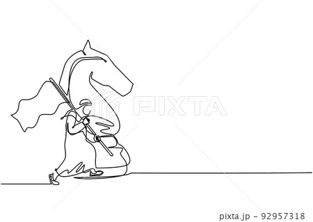 Continuous one line drawing Arabian businessman running and holding flag beside big horse knight chess. Business achievement goal, metaphor concept. Single line draw design vector graphic illustration Continuous one line drawing Arabian businessman running and holding flag beside big horse knight chess. Business achievement goal, metaphor concept. Single line draw design vector graphic illustration 92957318