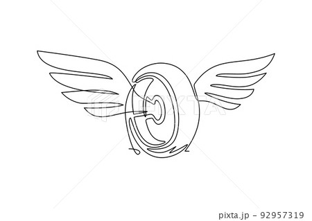 Single one line drawing wheel with wings. Winged car tires isolated. Design flat element for logo, label, emblem, sign, badge, t-shirt, poster. Modern continuous line draw graphic vector illustration Single one line drawing wheel with wings. Winged car tires isolated. Design flat element for logo, label, emblem, sign, badge, t-shirt, poster. Modern continuous line draw graphic vector illustration 92957319