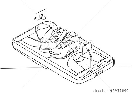 Single continuous line drawing basketball shoes and basketball balls on smartphone screen. Smartphone with app basketball. Mobile sport stream championship to play. One line draw graphic design vector 92957640