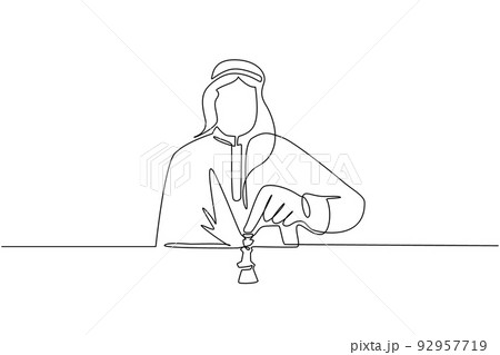 Single one line drawing strategy, leadership and management concept. Young smiling Arab businessman sitting and moving chess figure alone feeling confident. Continuous line draw design graphic vector Single one line drawing strategy, leadership and management concept. Young smiling Arab businessman sitting and moving chess figure alone feeling confident. Continuous line draw design graphic vector 92957719