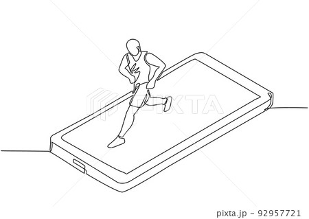 Single one line drawing man running on smartphone screen treadmill. Exercise fitness app and sports. Cardio control digital mobility exercise athlete. Continuous line draw design vector illustration Single one line drawing man running on smartphone screen treadmill. Exercise fitness app and sports. Cardio control digital mobility exercise athlete. Continuous line draw design vector illustration 92957721