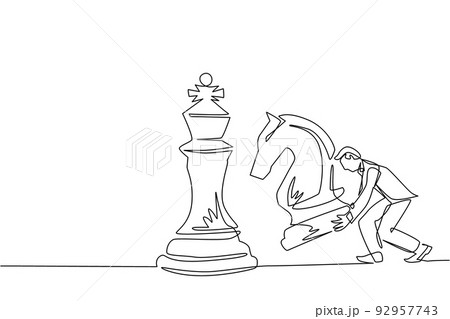 Single one line drawing businessman holding knight chess piece to beat king chess. Strategic planning, business development strategy, tactics in entrepreneurship. Continuous line draw design vector Single one line drawing businessman holding knight chess piece to beat king chess. Strategic planning, business development strategy, tactics in entrepreneurship. Continuous line draw design vector 92957743