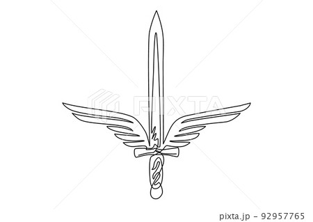 Single continuous line drawing sword wings icon template. Black and white winged sword logo with elegant outspread wings and feathers for logo design. Dynamic one line draw graphic vector illustration Single continuous line drawing sword wings icon template. Black and white winged sword logo with elegant outspread wings and feathers for logo design. Dynamic one line draw graphic vector illustration 92957765
