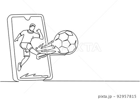 Single continuous line drawing soccer player shooting ball and getting out of smartphone screen. Mobile sports play match. Online soccer game with live mobile app. One line draw graphic design vector Single continuous line drawing soccer player shooting ball and getting out of smartphone screen. Mobile sports play match. Online soccer game with live mobile app. One line draw graphic design vector 92957815