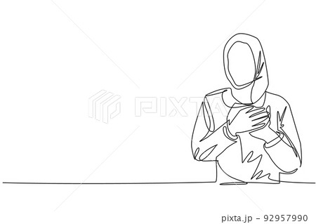 Single continuous line drawing Arabian woman keeping hands on chest. Female suffering from chest pain or heart attack. Health care concept. Emotion, body language. One line draw graphic design vector Single continuous line drawing Arabian woman keeping hands on chest. Female suffering from chest pain or heart attack. Health care concept. Emotion, body language. One line draw graphic design vector 92957990