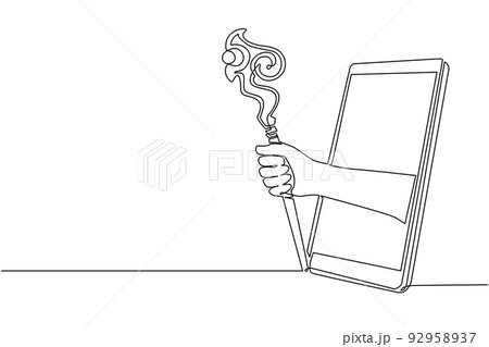 Single continuous line drawing hand holding wizards wooden staff through mobile phone. Concept of mobile games, e-sport, entertainment application for smartphones. One line draw graphic design vector 92958937