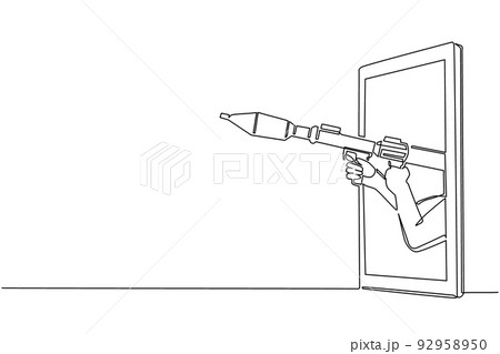 Single continuous line drawing hand holding rocket launcher through mobile phone. Concept of RPG video games, e-sport, entertainment application for smartphones. One line draw graphic design vector Single continuous line drawing hand holding rocket launcher through mobile phone. Concept of RPG video games, e-sport, entertainment application for smartphones. One line draw graphic design vector 92958950