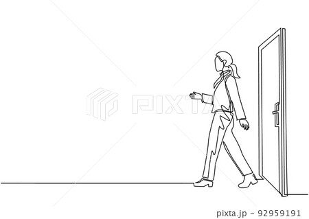 Continuous one line drawing young businesswoman walking and leaving closed door. New business ventures. Entering new market. Career growth concept. Single line draw design vector graphic illustration Continuous one line drawing young businesswoman walking and leaving closed door. New business ventures. Entering new market. Career growth concept. Single line draw design vector graphic illustration 92959191
