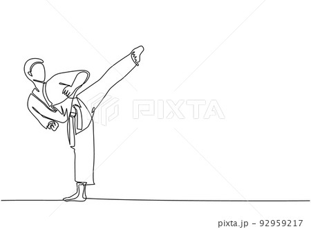 Continuous one line drawing young sporty taekwondo man doing kick pose in fight uniform with belt exercising martial art at gym. Healthy sport lifestyle concept. Single line draw design vector graphic 92959217