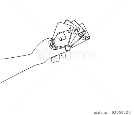 Single one line drawing hand holding four aces, poker playing card concept. Hand holds playing cards: spades, hearts, diamonds and clubs. Poker game symbol. Continuous line draw design graphic vector 92959229