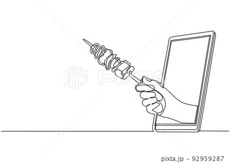 Single continuous line drawing hand holding kebab through mobile phone. Concept of restaurant order delivery online food. Application for smartphones. One line draw graphic design vector illustration Single continuous line drawing hand holding kebab through mobile phone. Concept of restaurant order delivery online food. Application for smartphones. One line draw graphic design vector illustration 92959287